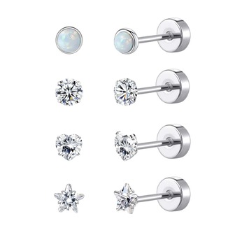 4 对（5 毫米）316L 不锈钢女式耳环 20 克耳环适合敏感耳朵星心方晶锆石纯耳钉平背耳环套装