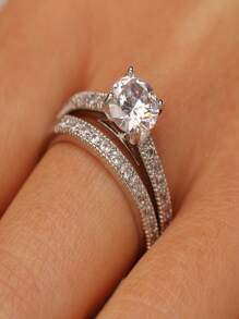 1 par de anillos para parejas con pedrería incrustada, anillos de diseño poco común para bodas/compromisos/aniversarios, elegante regalo de cumpleaños real - Plateado - Ver 6