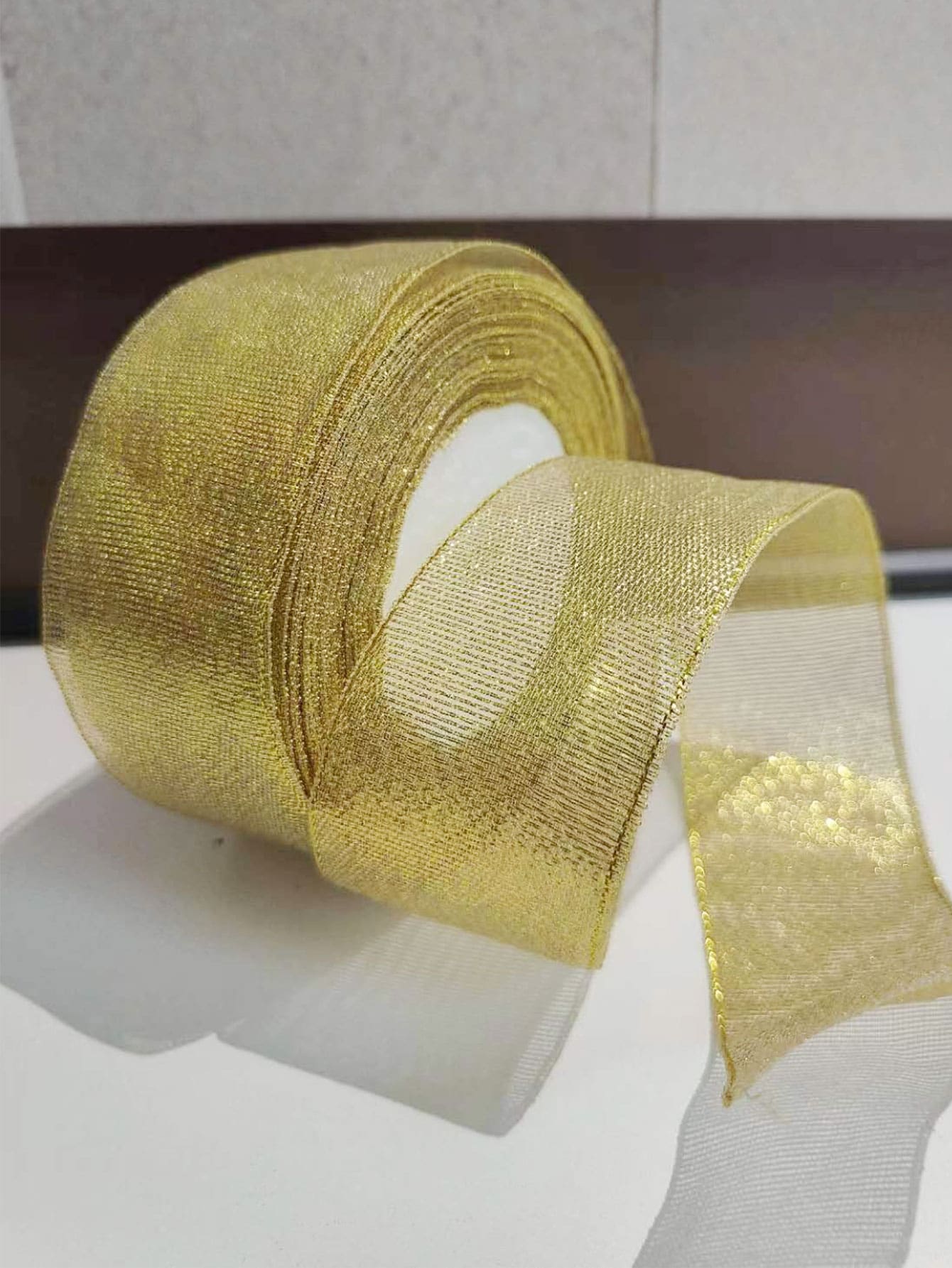 1roll 4cm Wide Ribbon With Bowknot, Silver Sparkly Gift Wrapping Ribbon - Gold - View 1
