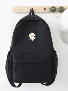 白色雏菊图案多口袋学生背包，大容量书包，撞色时尚实用书包，非常适合返校派对、外出、聚会、约会等场合，适合青少年女生、大学生，时尚百搭，适合中小学生、大学生、研究生、初中生、高中生、大学生、大一、大二、大三、大四学生，也适合返校、上学、旅行、户外活动等！可收纳日常学习用品 - 黑色 - 查看 2