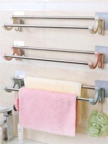 2pcs Blue Stainless Steel Double Rod Towel Rack With Suction Cup Hooks For Bathroom - Blue - View 5