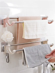 2pcs Blue Stainless Steel Double Rod Towel Rack With Suction Cup Hooks For Bathroom - Blue - View 3