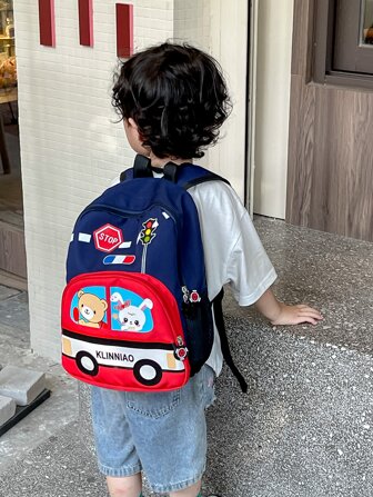 Mochila con estampado de coche de dibujos animados y animales, bolso de hombro adorable para niños