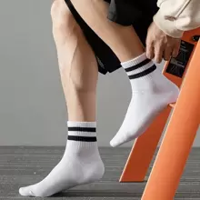 5pairs Men's Socks, Mid Calf/Short Length, Breathable Striped Sport Socks For Spring/Summer, Moisture-Wicking Basketball Socks, For Gym