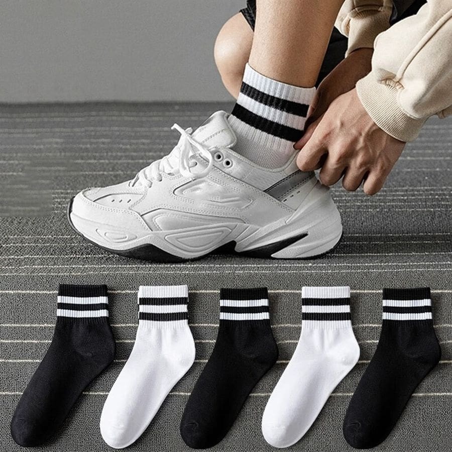 5pairs Men's Socks, Mid Calf/Short Length, Breathable Striped Sport Socks For Spring/Summer, Moisture-Wicking Basketball Socks, For Gym