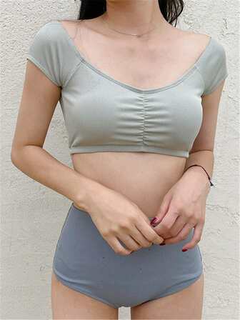 Women's High Waisted Solid Colour Bikini With Separated Top And Bottom, Sexy Off-Shoulder Style