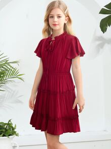 可愛純色女童連衣裙褶皺邊 多層分層 前綁帶蝴蝶結 - 酒紅色 - 查看 3