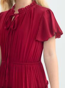 可愛純色女童連衣裙褶皺邊 多層分層 前綁帶蝴蝶結 - 酒紅色 - 查看 5