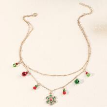1pc Fashionable Christmas Bell & Snowflake Pendant Necklace, Double Layered Collarbone Chain Suitable For Women's Daily Wear - Colorful - View 4