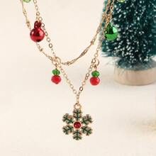 1pc Fashionable Christmas Bell & Snowflake Pendant Necklace, Double Layered Collarbone Chain Suitable For Women's Daily Wear - Colorful - View 2