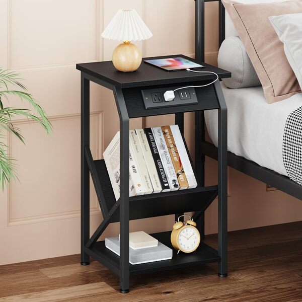 End Table with Charging Station, Grey Side Table with USB Ports and