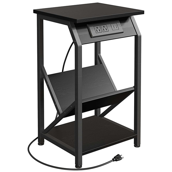 End Table with Charging Station, Grey Side Table with USB Ports and