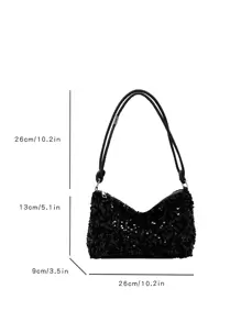 新款休闲黑色手提包，带闪光装饰，肩带上学，适合少女、女大学生 - 黑色 - 查看 7