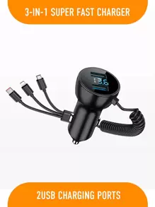 GMAIPOP 充電器，車載充電器，數字顯示，2個充電USB端口，Micro USB，Type-C USB Lightning 三合一連接線端口，支援快速充電，手機快速充電，溫度穩定 - 黑色 - 查看 1