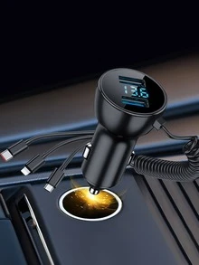 GMAIPOP 充電器，車載充電器，數字顯示，2個充電USB端口，Micro USB，Type-C USB Lightning 三合一連接線端口，支援快速充電，手機快速充電，溫度穩定 - 黑色 - 查看 2