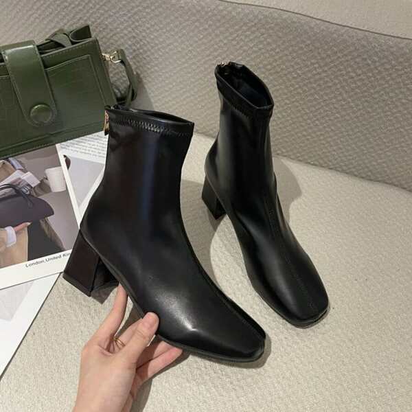 2024 Autumn New Square Toe Short Boots For Women, Fashion British Style Thick Heel High Heel Slip-On Ankle Boots