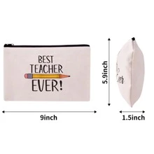 4pcs/set Best Teacher Ever Printed Linen Cosmetic Bag, Storage Bag, Pencil Case, Holiday Gift For Teachers - Apricot - View 3