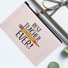 4pcs/set Best Teacher Ever Printed Linen Cosmetic Bag, Storage Bag, Pencil Case, Holiday Gift For Teachers - Apricot - View 2