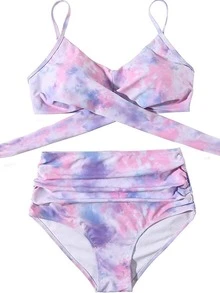 Tie Dye Ruched High Waisted Bikini Summer - Mauve Purple - View 2