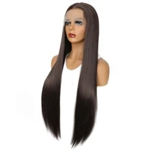 前蕾絲假髮棕色的直發假髮高清薄透蕾絲人造假髮耐熱纖維頭髮150%密度膠水適合女士帶嬰兒毛24英寸 - 棕色 - 查看 3