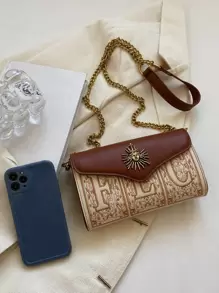 Bolsa cuadrada mini con bordado de letra con solapa con diseño metal de moda - Marrón - Ver 4