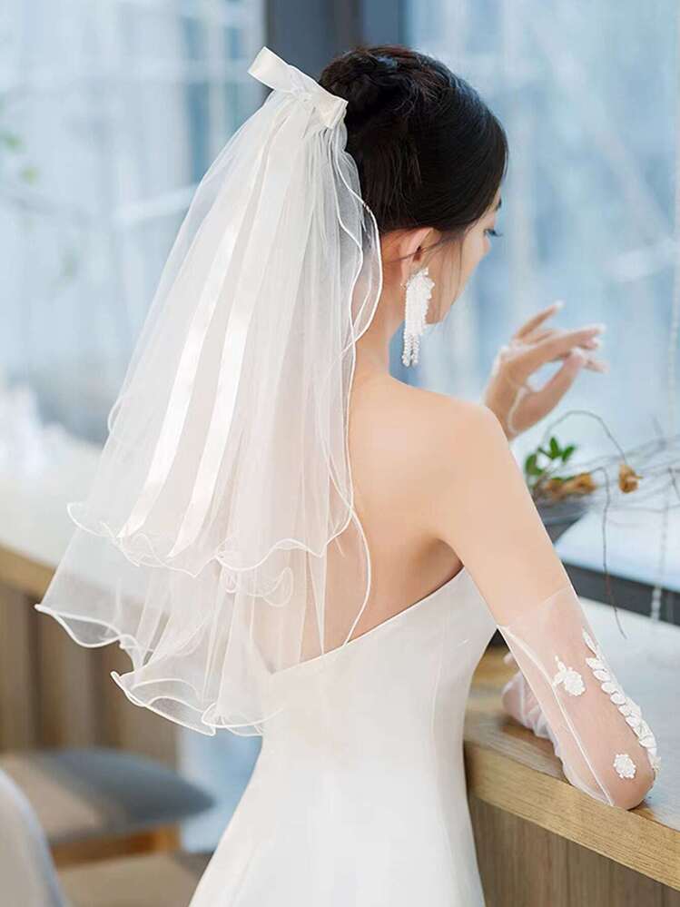 1個 ホワイト 二重レイヤー ベール型ヘアクリップ ロールエッジ