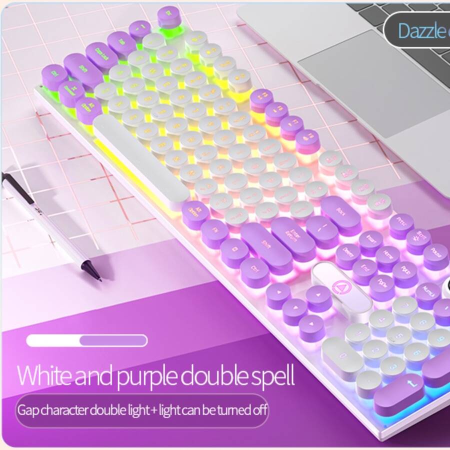Teclado para juegos con cable USB estilo Punk con retroiluminación LED para deportes electrónicos de oficina de juegos (no mecánico) - morado y blanco - Ver 1
