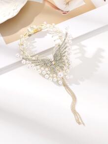 1入珍珠蝴蝶鑲鑽流蘇串珠夾，優雅髮夾 - 金色 - 查看 3