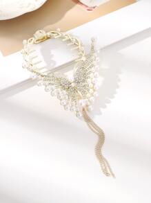 1入珍珠蝴蝶鑲鑽流蘇串珠夾，優雅髮夾 - 金色 - 查看 2