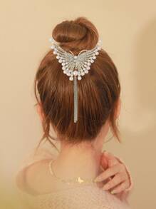 1入珍珠蝴蝶鑲鑽流蘇串珠夾，優雅髮夾 - 金色 - 查看 1