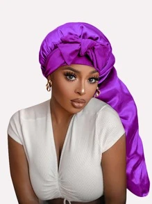 1pc Ladies' Satin Long Sleep Cap & Bonnet With Ribbon, Suitable For Daily Use - Purple - View 1