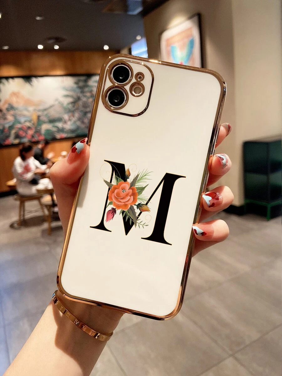 1pc Minimalist Letter Pattern Laser Carved Electroplated Phone Case Compatible With Apple IPhone - Multicolor - View 1