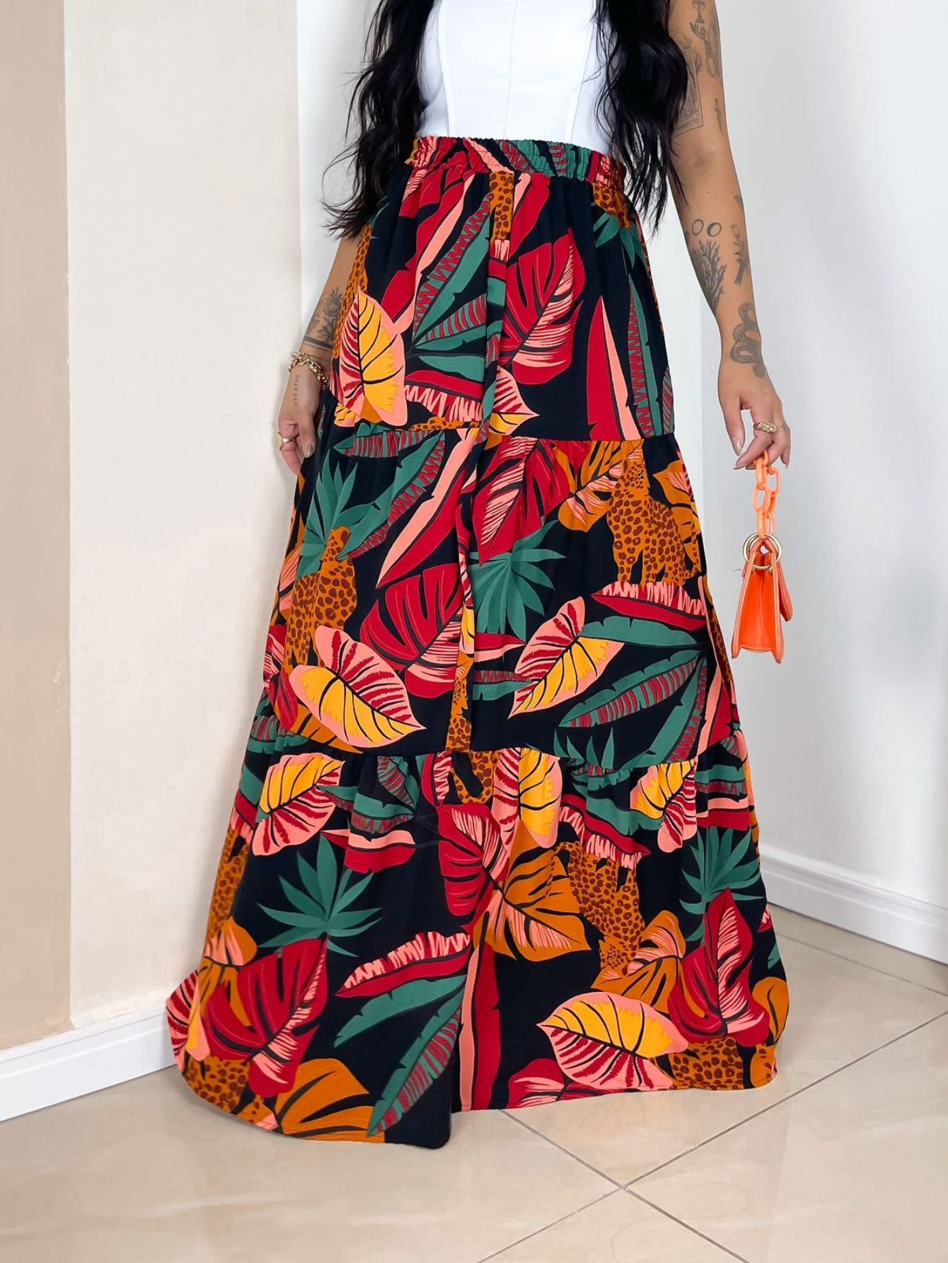 Saia Longa Feminina, Estampada, Cintura Alta, Com Elastico na Cintura ...