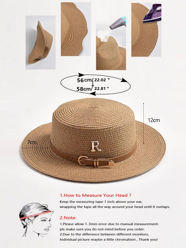 1 件女士水钻“R”字母装饰皮革带夏季遮阳帽，户外旅行 - 白色 - 查看 5