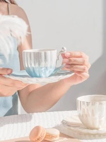 1 套珍珠漸層釉 240 毫升咖啡杯和碟,陶瓷 Ins 風格杯子設計不受歡迎的水杯茶具優雅杯子套裝