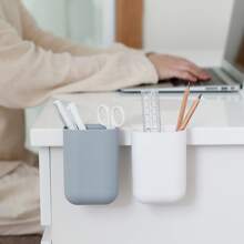 1pc Plastic Desk Edge Mounted Pen Holder For Office, Expandable Desktop Storage Organizer - White - View 1