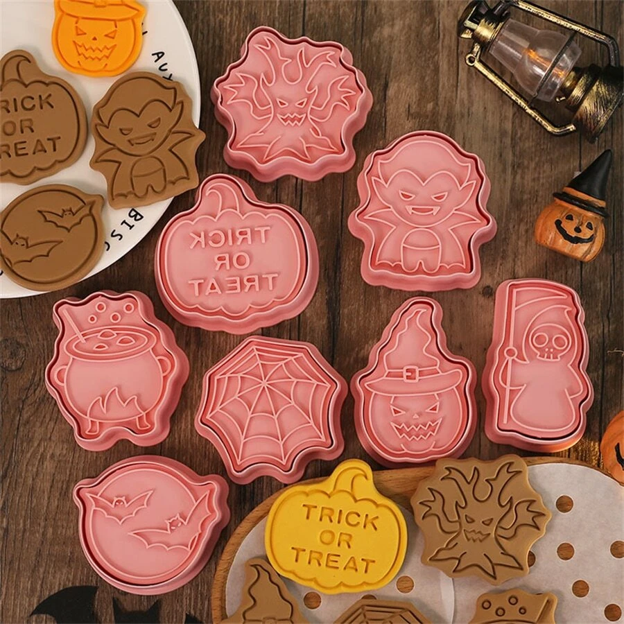 8pcs/set Cartoon Halloween Biscuit Mold, Pumpkin Vampire Cookie Cutter Fondant Cake Baking Tools - Pink - View 1