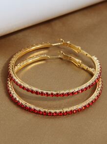 1對簡約風鐵合金水鑽細節紅色顏色圓耳環適合女士適用於約會禮物 - 紅色 - 查看 9