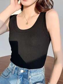 1Pc Ribbed Camisole Top With Wide Straps For Women, Round Neck Breathable No Trace Vest To Cover Side Breast And Anti-Light - Black - View 4