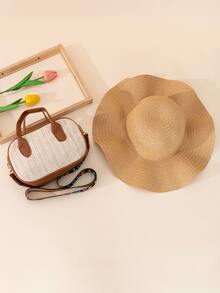 2入組女性時尚海灘草編手提包和遮陽帽套裝，非常適合度假和出遊波希米亞風格 - 彩色 - 查看 2