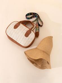 2入組女性時尚海灘草編手提包和遮陽帽套裝，非常適合度假和出遊波希米亞風格 - 彩色 - 查看 4