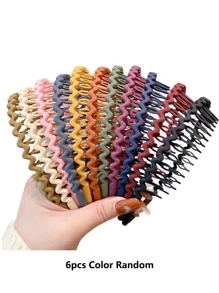 6条/包塑料波浪发箍，带梳子和齿，颜色随机，女士通用防滑细发带，发箍，发圈，之字形发箍，化妆发箍，发饰，头饰 - 彩色 - 查看 10