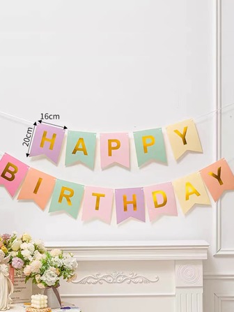 Pastel Birthday Banner With Shimmering Gold Letters, Happy Birthday Bunting Banner For Party Decorations Happy Birthday Party Supplies