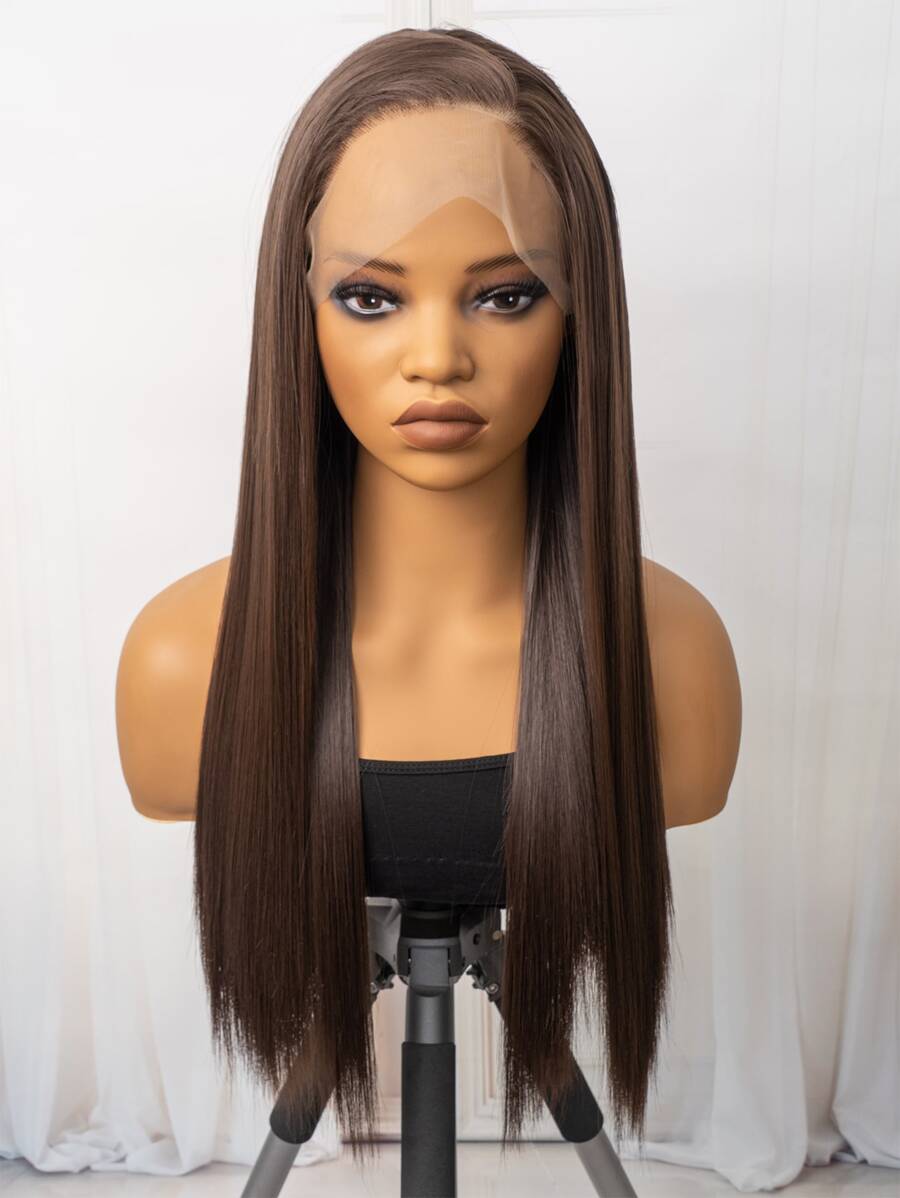 13*3 Brown Color 24 Inches Synthetic Lace Front Wig With High Temperature Fiber For Daily Wear, Straight Hair - Brown - View 1