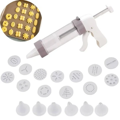 20pcs/Set DIY Manual Cookie Mold Gun Cookie Press Kit Machine Gun Decorating Squeezing Machine Making Churros Device For Fritters Baking Tool Pastry Syringe Extruder Nozzles Icing Piping Cream Muffin Biscuit Maker Machine Cake Tools