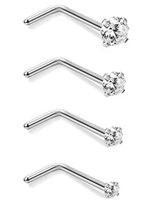 4pcs 18k Gold Plated Nose Rings, 20g Stainless Steel Ear Studs Nose Hoop, 1.5-3mm Round Shaped Cz L Bent Nose Rings, Antiallergenic, Crystal Clear Stone