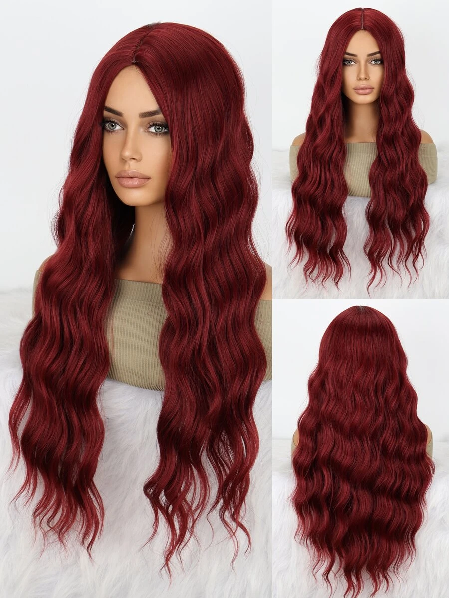 26inch Long Wavy Synthetic Machine Made Wig - Burgundy - View 1