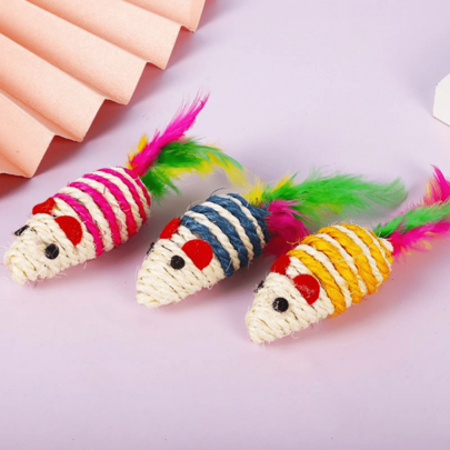 3pcs Sisal Striped Mouse Cat Toys, Interactive Cat Toys With Feather Scratching Pad, Random Color