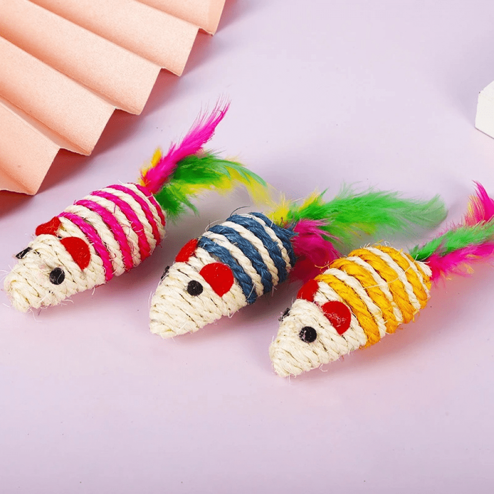 3pcs Sisal Striped Mouse Cat Toys, Interactive Cat Toys With Feather Scratching Pad, Random Color