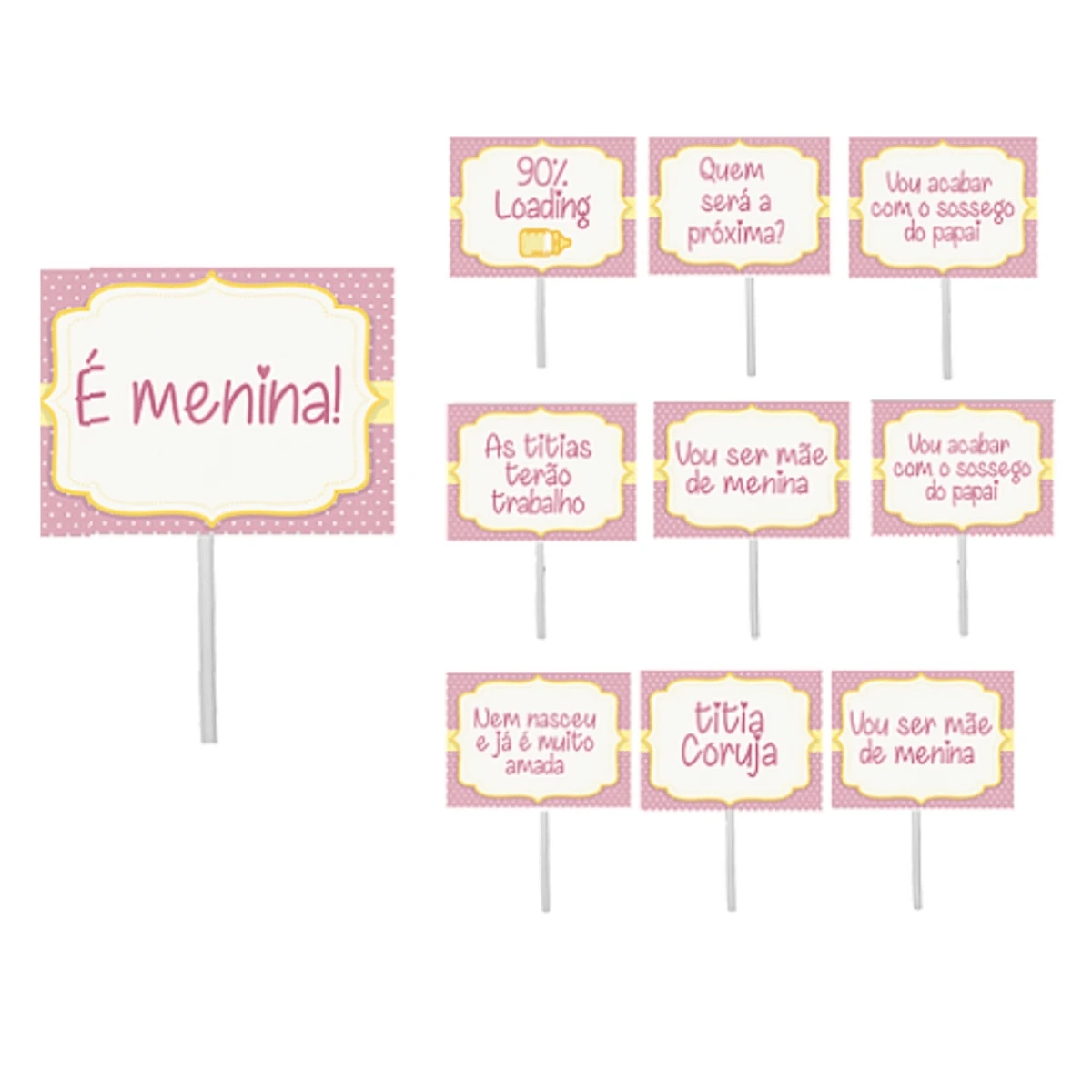 20 Plaquinhas Chá de Bebe Menina H - Frases Divertidas! - Rosa Bebê - Visão 1